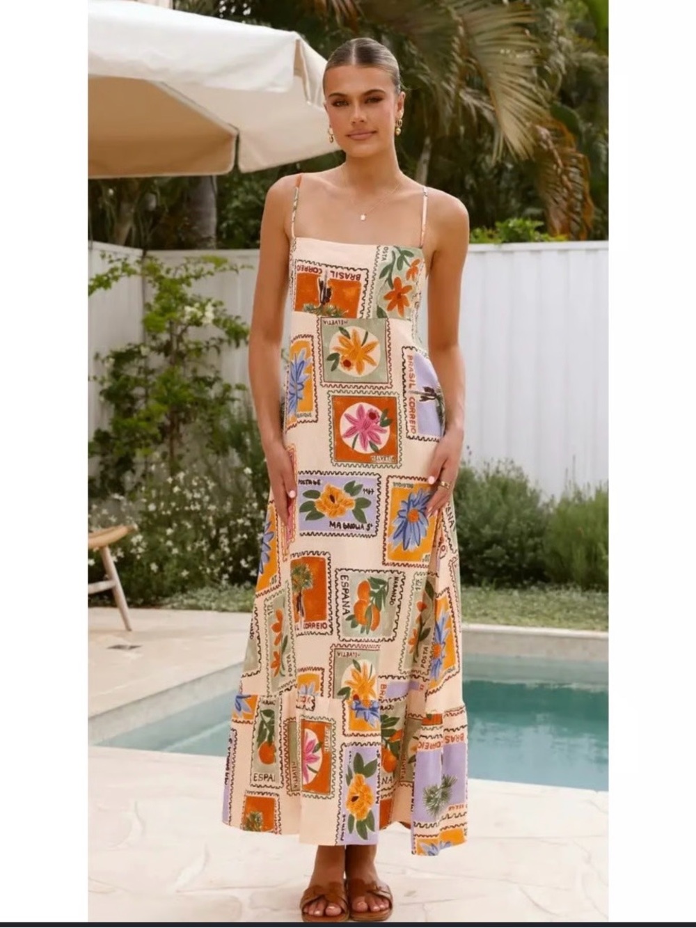 Cream Floral Patchwork Maxi Dress with Adjustable Straps